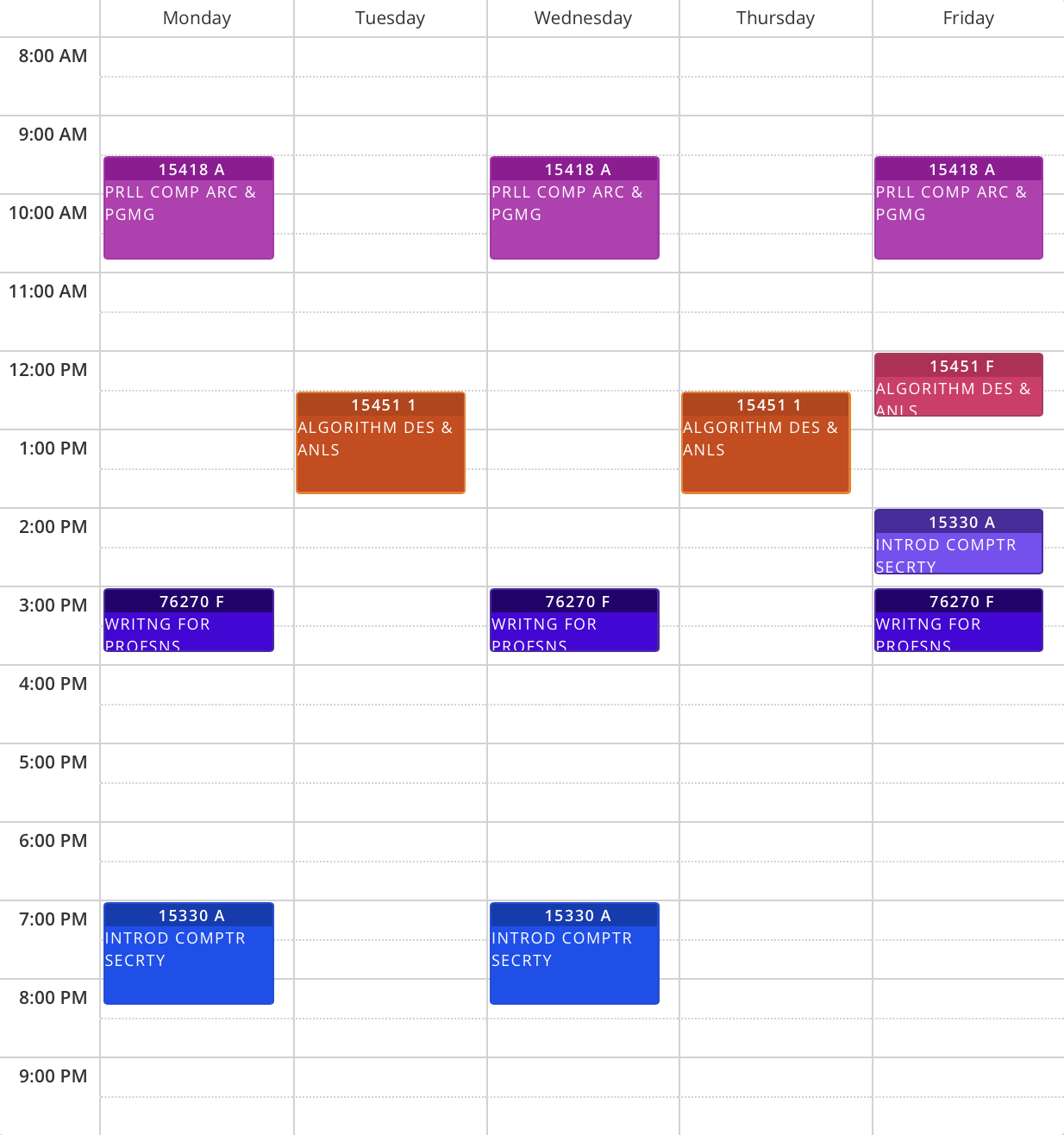 CMU Semester Schedule Junior Spring 2024